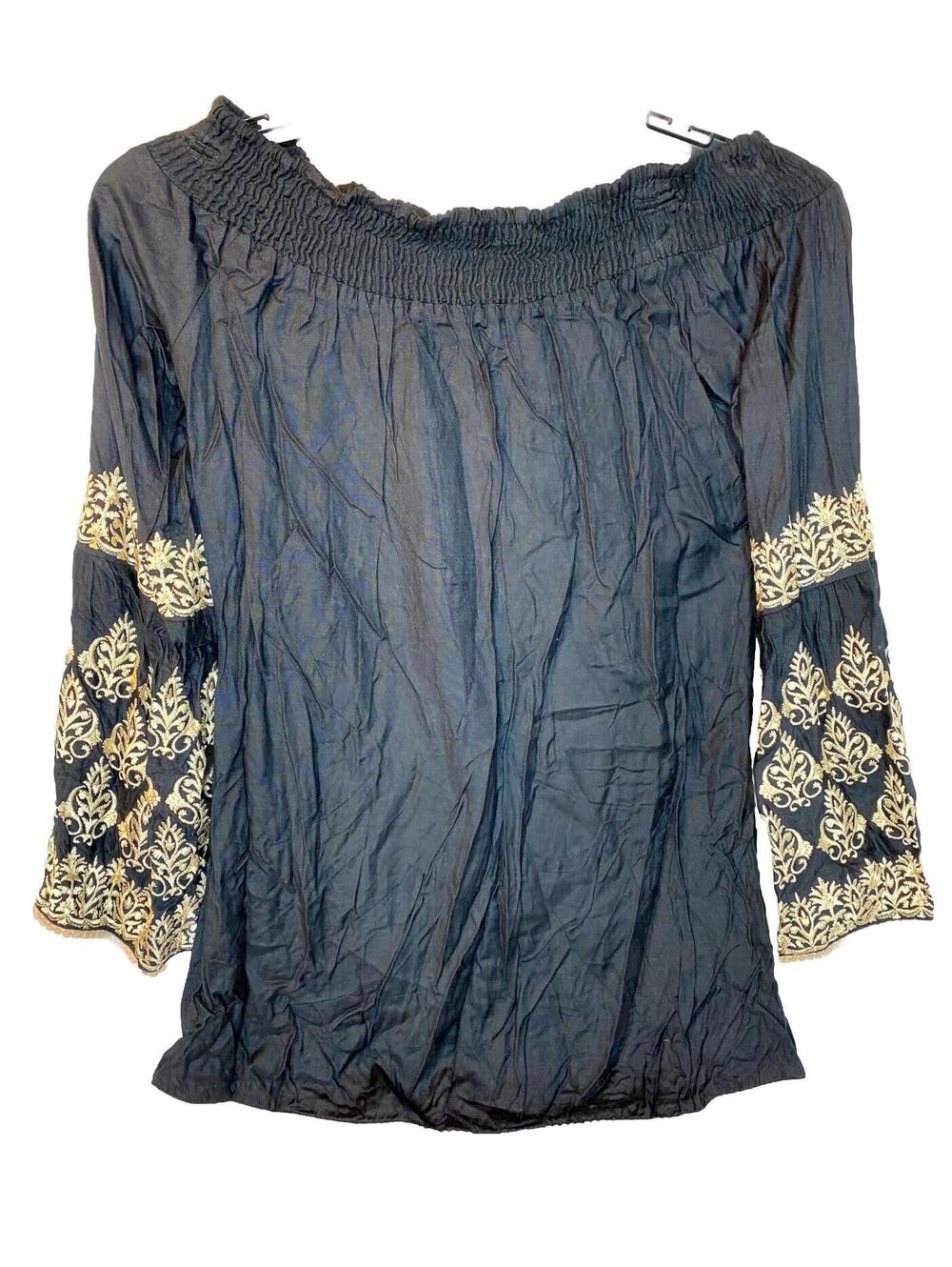 Rancho Estancia Women's M Top Blouse Black/gold Embroidery Flare Sleeves New